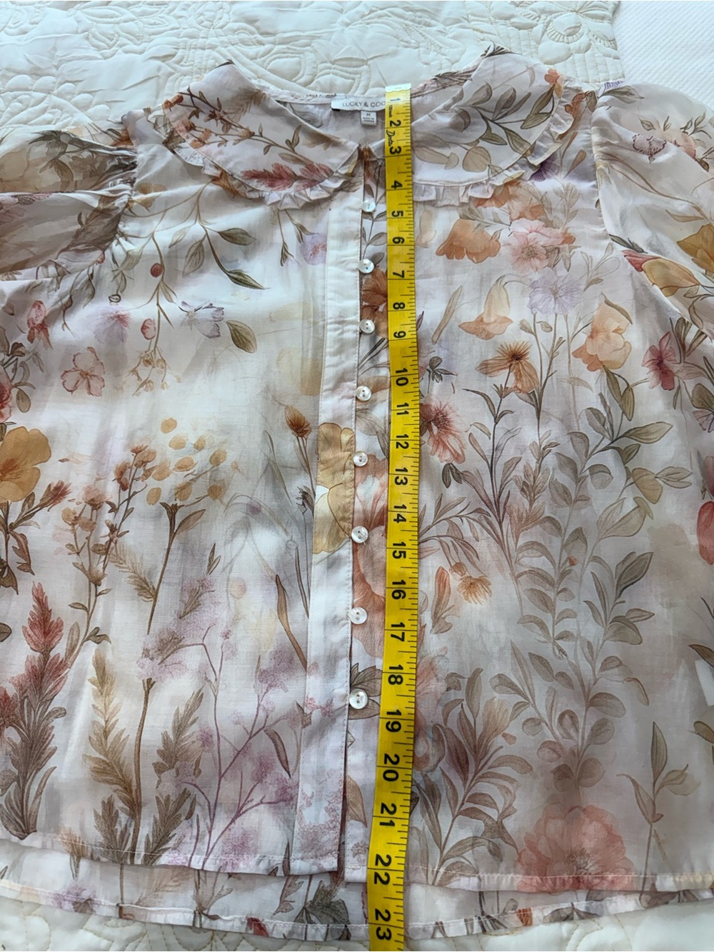 Lucky and Coco Sheer Floral Button-Front Blouse - Cream Multi - Picture 6 of 7